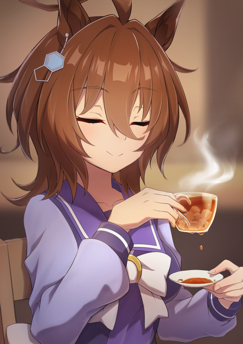 1girl, absurdres, agnes_tachyon_(umamusume), ahoge, black_tea, bow, brown_hair, chemical_structure, closed_mouth, collarbone, earrings, hair_between_eyes, highres, holding, holding_saucer, horse_girl, jewelry, long_sleeves, on_chair, overflow, purple_serafuku, ruisuke, saucer, school_uniform, serafuku, short_hair, single_earring, sitting, smile, solo, sugar_cube, tea, umamusume, white_bow, winter_uniform