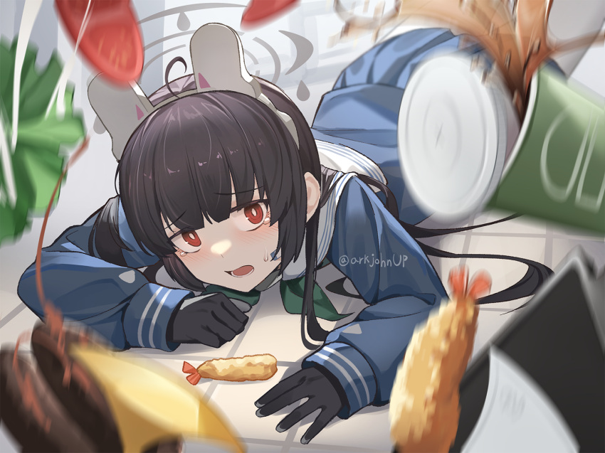 1girl, ahoge, animal_ears, ark_john_up, black_gloves, black_hair, blue_archive, blue_shirt