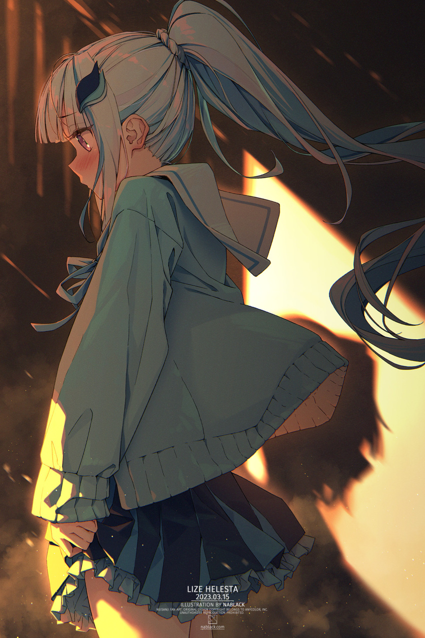 2girls, ange_katrina, aqua_cardigan, aqua_hair, artist_name, blue_ribbon, blue_skirt, blunt_bangs