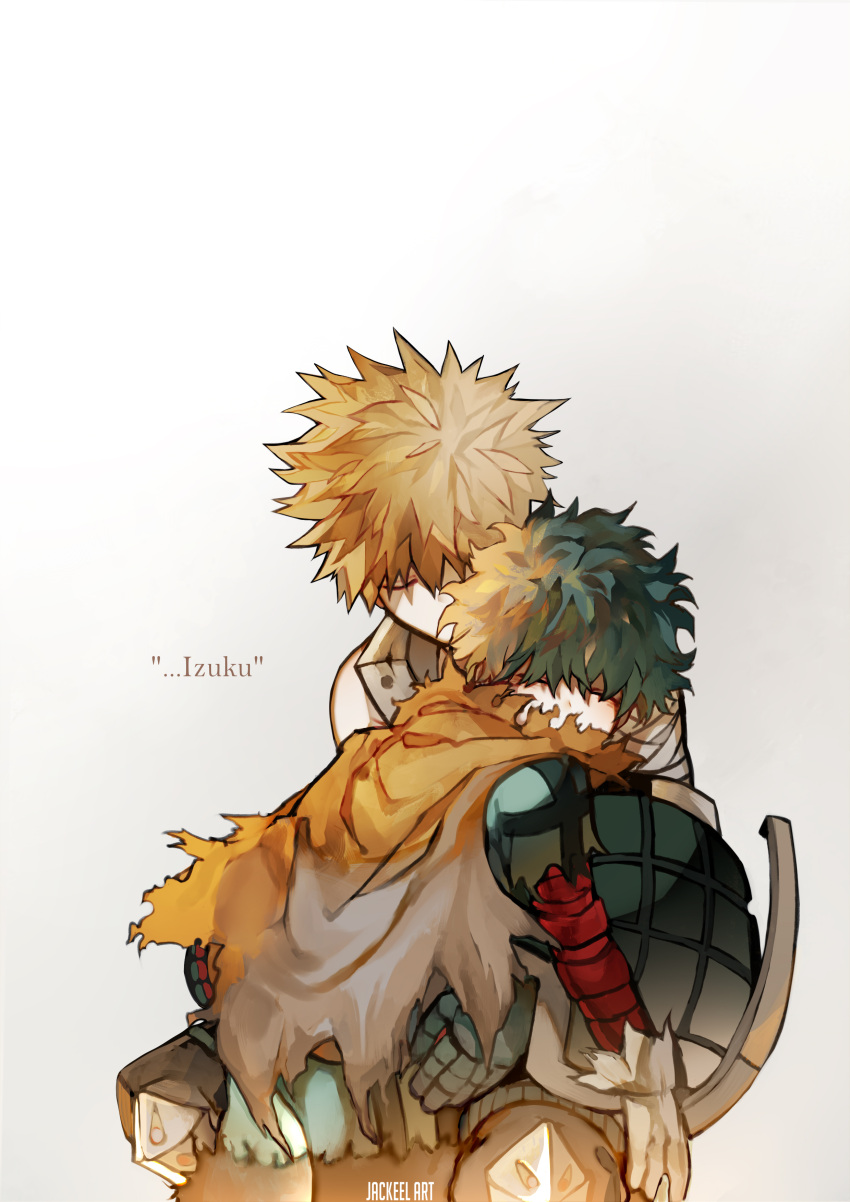 2boys, absurdres, alternate_hair_color, artist_name, bakugou_katsuki, bandaged_arm, bandages, black_pants, blonde_hair, blush, bodysuit, boku_no_hero_academia, cape, catching, character_name, closed_eyes, commentary_request, curly_hair, dirty, dirty_clothes, gloves, gradient_hair, green_bodysuit, green_gloves, green_hair, grey_gloves, hair_between_eyes, highres, jackeelart, knee_pads, leaning_on_person, male_focus, messy_hair, midoriya_izuku, multicolored_hair, multiple_boys, orange_gloves, pale_skin, pants, redrawn, short_hair, simple_background, single_bare_shoulder, sleeveless, spanish_commentary, spiky_hair, spoilers, standing, talking, torn_cape, torn_clothes, torn_gloves, torn_sleeve, two-tone_gloves, underlighting, upper_body, white_background, yellow_cape