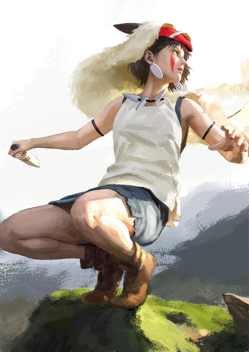 1girl, bare_arms, breasts, brown_hair, cape, earrings, facepaint, facial_mark