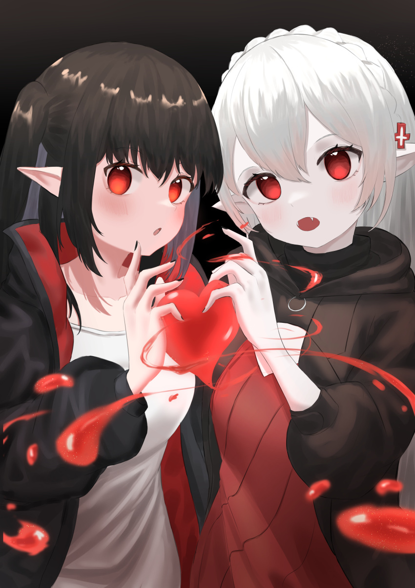 2girls, absurdres, arknights, black_background, black_hair, black_jacket, braid, breasts