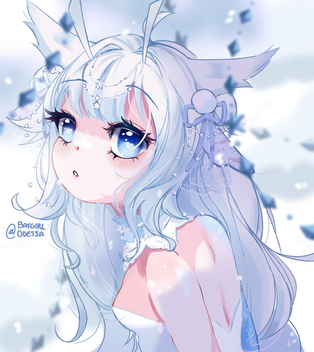 1girl, bare_shoulders, batgirlodessa, bird, blue_eyes, breasts, heart, heart_in_eye