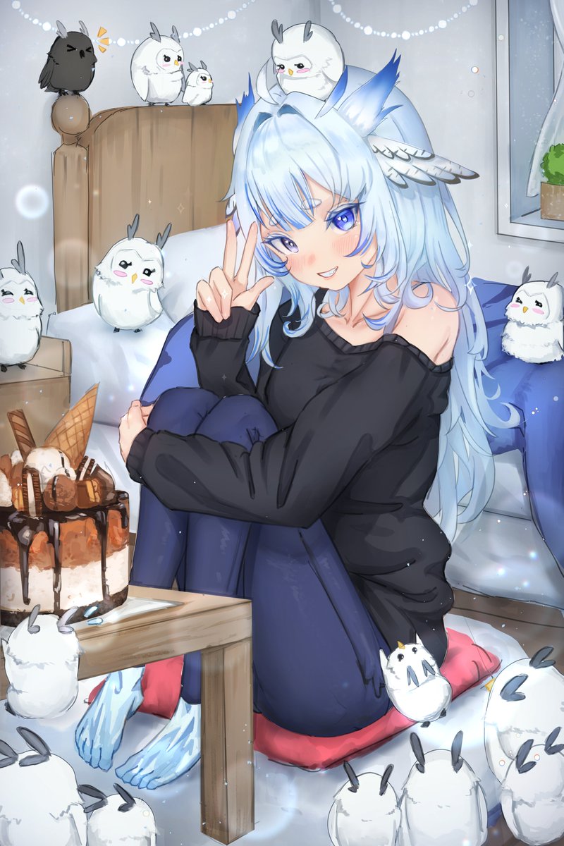 1girl, bed, bird, blue_eyes, blue_hair, cake, food, highres, indie_virtual_youtuber, long_hair, looking_at_viewer, lunarisbloom, mikazuki_silvi, off_shoulder, owl, owl_ears, owl_girl, pants, sweater, sweatpants, virtual_youtuber