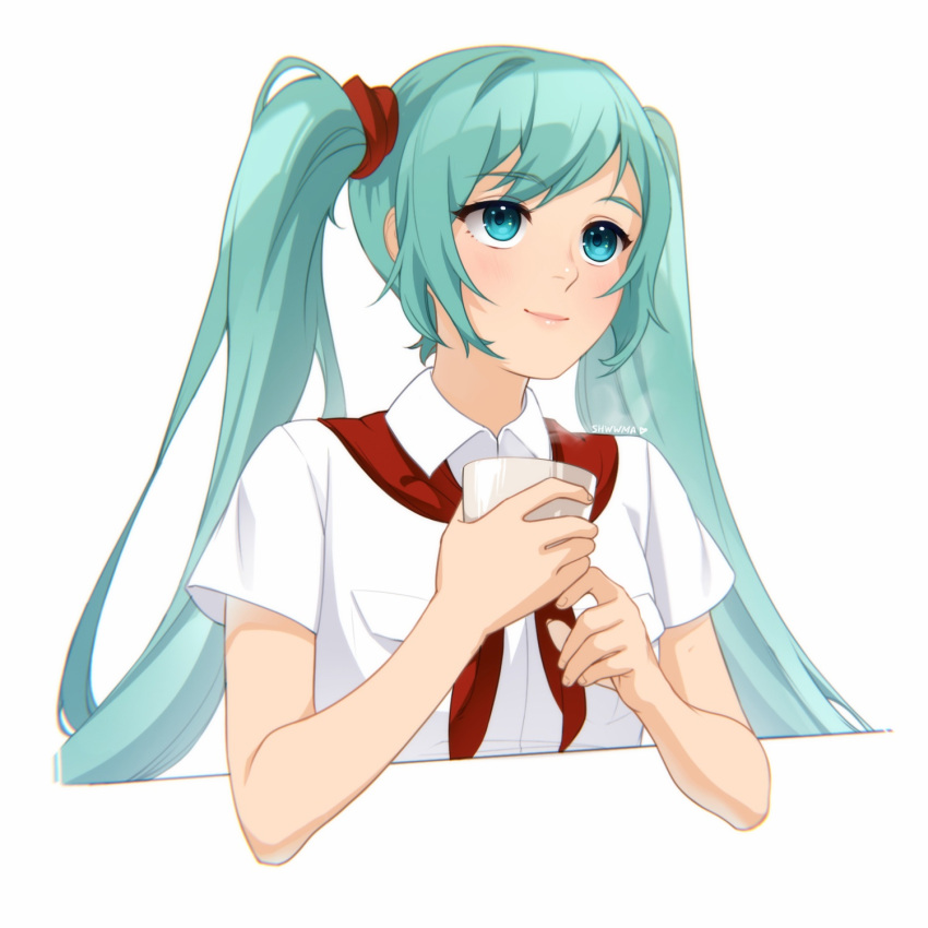 artist_name, blue_eyes, blue_hair, blush, closed_mouth, collared_shirt, cup, everlasting_summer