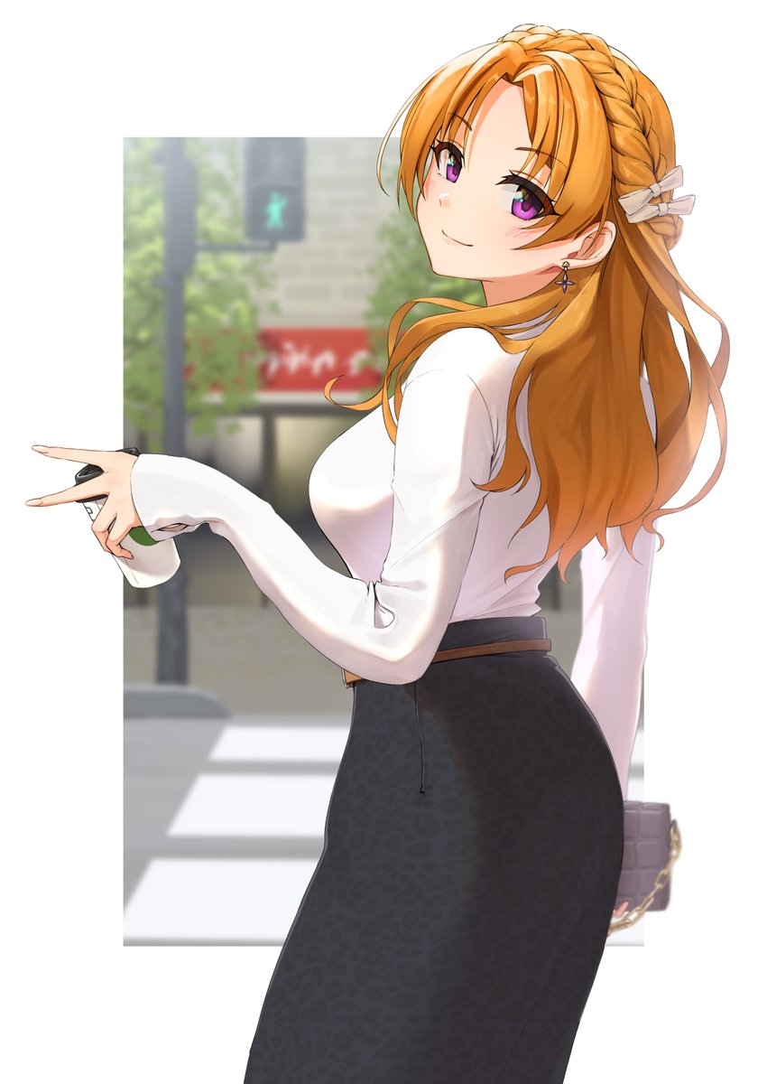 1girl, bag, belt, blonde_hair, bow, braid, brick, city