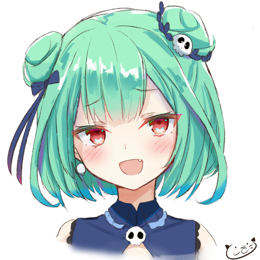 1girl, blue_ribbon, blush, commentary_request, cropped_shoulders, double_bun, earrings, fang