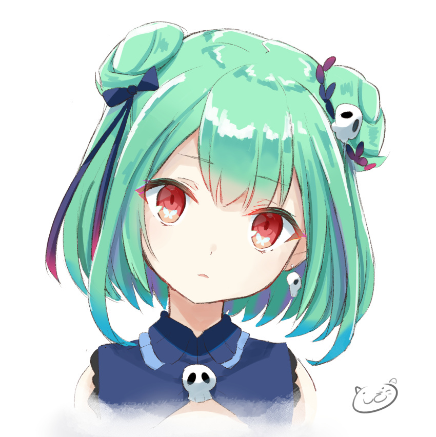 1girl, absurdres, blue_ribbon, commentary_request, cropped_shoulders, double_bun, earrings, green_hair