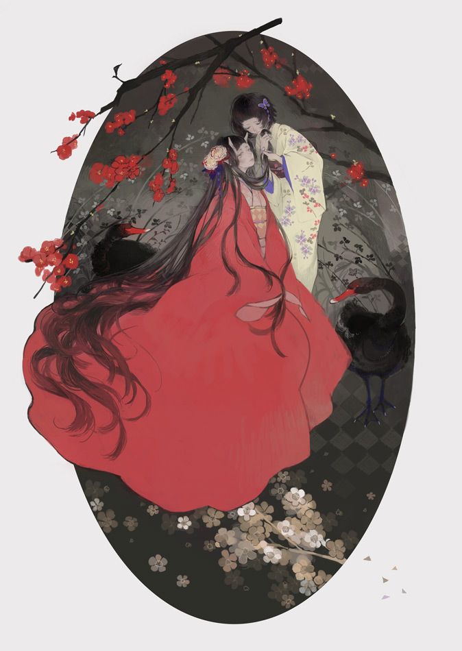 2girls, absurdly_long_hair, black_hair, black_swan_(bird), border, branch, butterfly_hair_ornament, flower