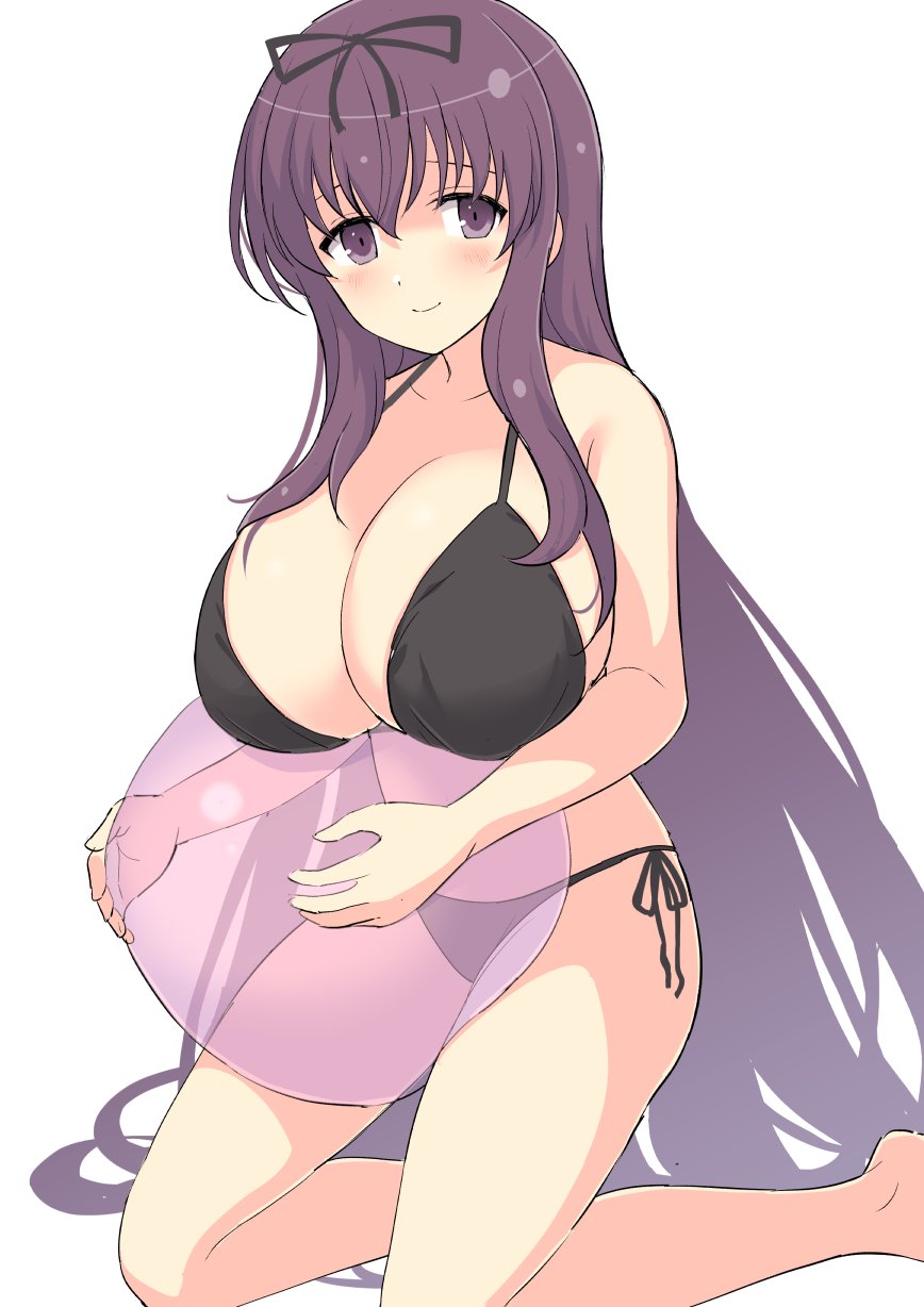 1girl, ball, bare_arms, bare_legs, bare_shoulders, beachball, bikini, black_bikini