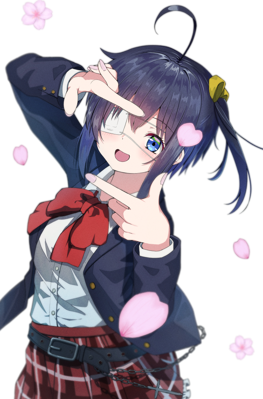 1girl, :d, ahoge, arm_up, black_hair, black_jacket, blue_eyes, blush