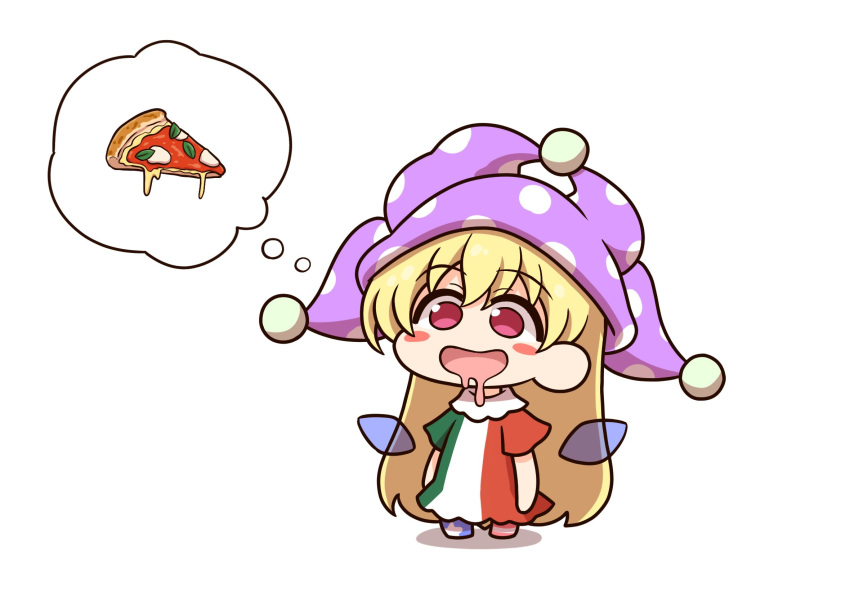 1girl, blonde_hair, blush_stickers, chibi, clownpiece, commentary, detached_wings, drooling