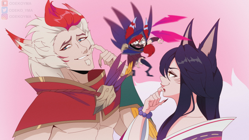 1boy, 2girls, absurdres, ahri_(league_of_legends), angry, animal_ears, bead_bracelet, beads