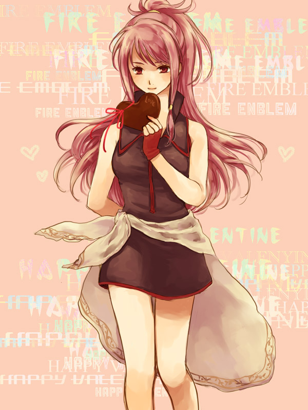 chocolate, fingerless_gloves, fire_emblem, fire_emblem:_seima_no_kouseki, fire_emblem_sacred_stones, gloves, heart, long_hair, marisa, nintendo, pink_hair, ponytail, red_eyes, valentine, yukaris