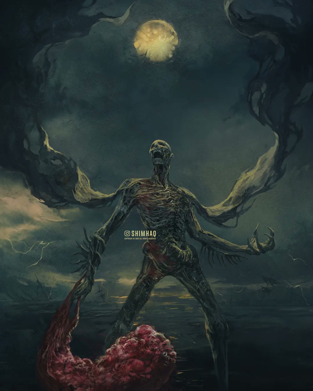 1boy, artist_name, bloodborne, creature, highres, holding, holding_weapon, instagram_logo