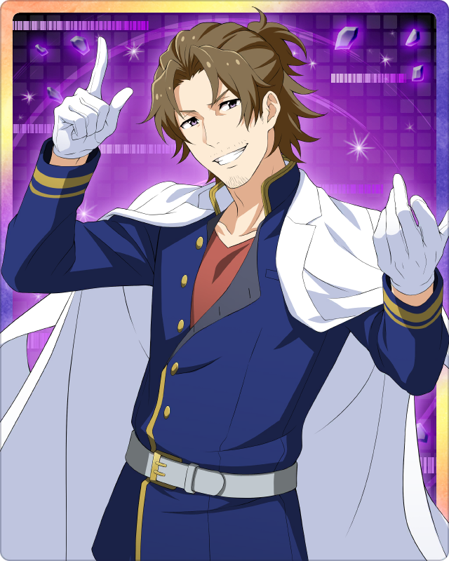1boy, belt, brown_hair, coat, coat_on_shoulders, facial_hair, gloves, goatee