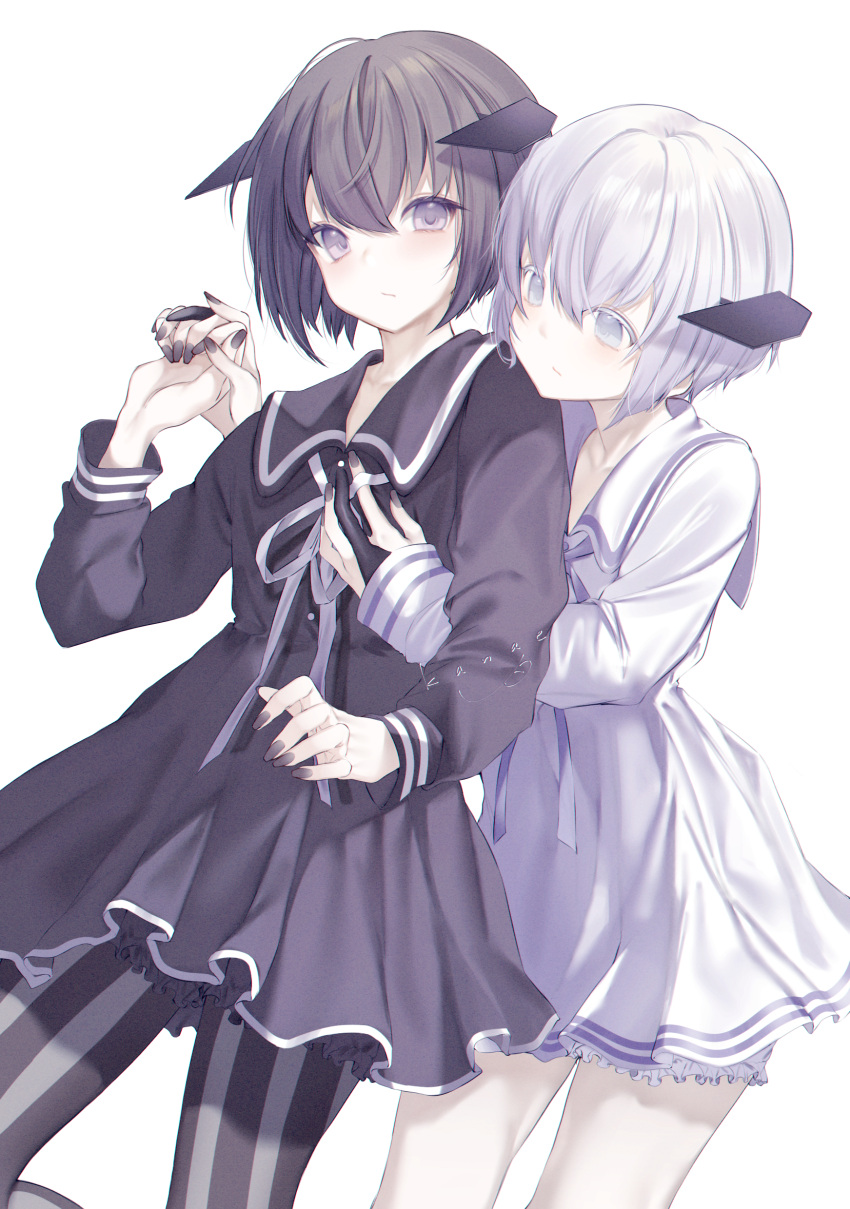 2girls, absurdres, abyssal_ship, abyssal_twin_princess_(black), abyssal_twin_princess_(white), black_dress, black_eyes, black_hair