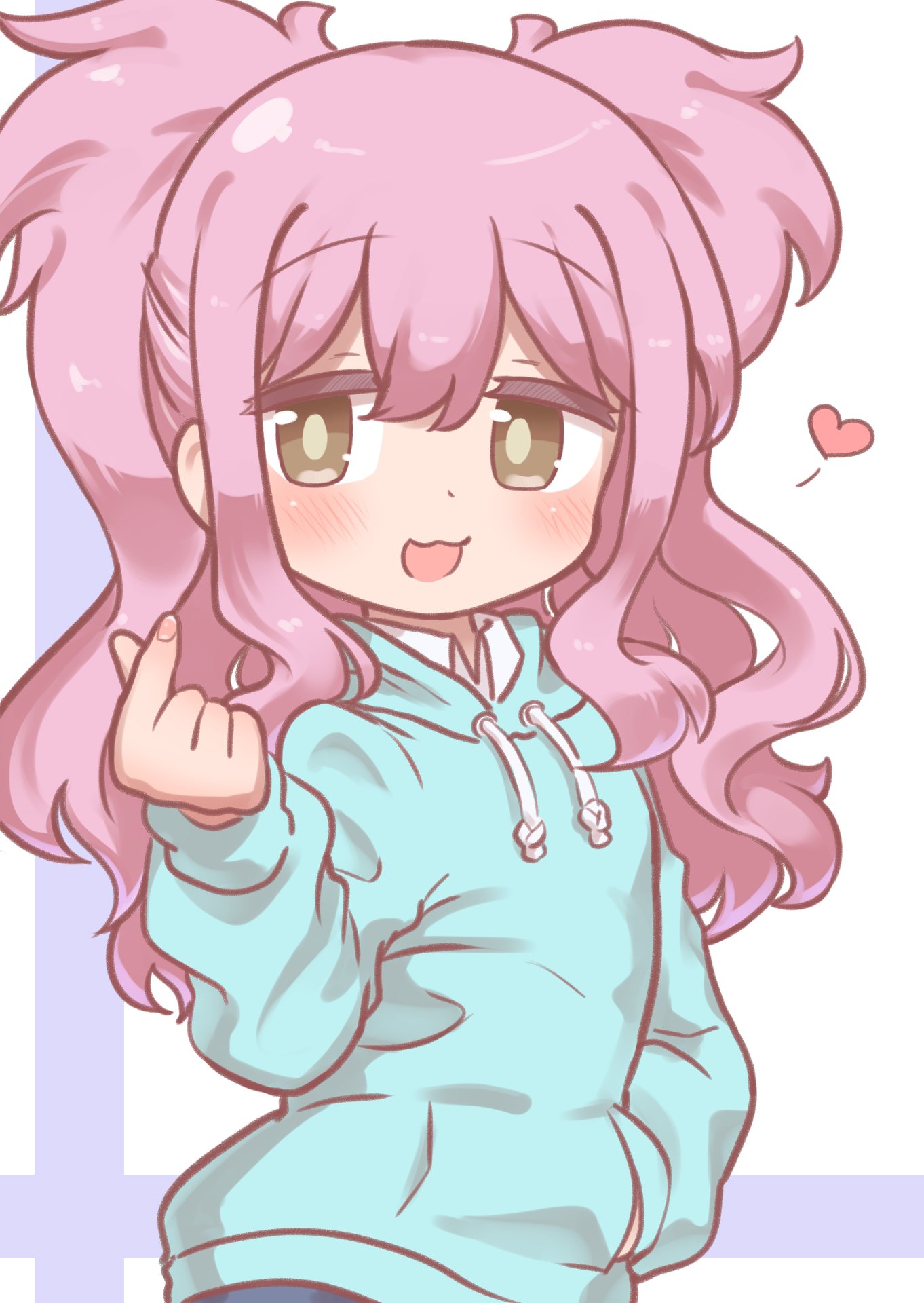 1girl, :3, :d, aqua_hoodie, brown_eyes, commentary, drawstring, finger_heart