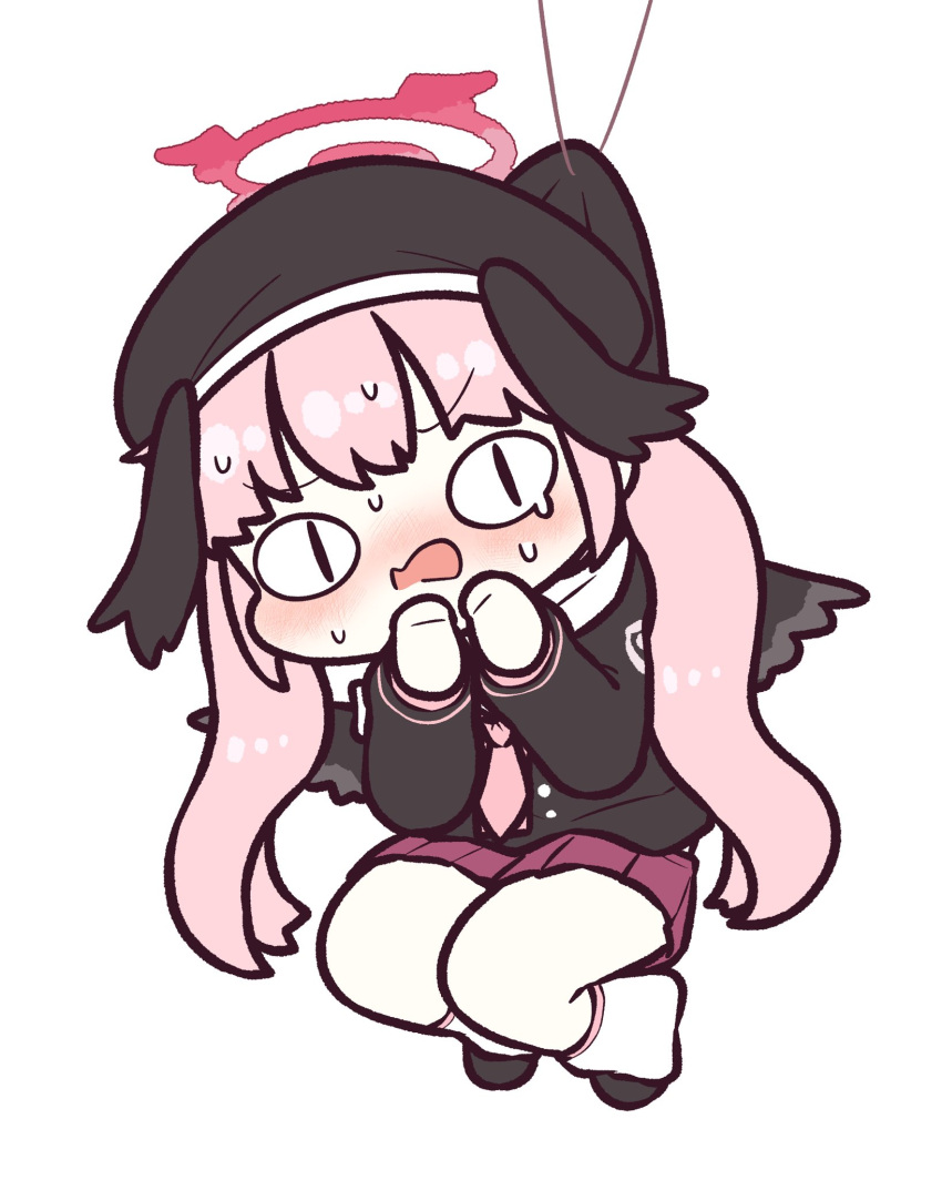 <|>_<|>, 1girl, black_headwear, black_shirt, black_wings, blue_archive, blush, full_body