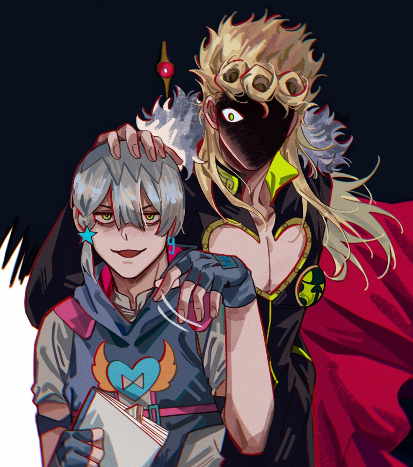 2boys, blonde_hair, cape, collar, collarbone, fingerless_gloves, fur-trimmed_cape, fur_trim, giorno_giovanna, gloves, green_eyes, hand_on_another's_head, highres, hood, hood_down, jodio_joestar, jojo_no_kimyou_na_bouken, long_hair, looking_at_another, male_focus, multiple_boys, pectorals, shaded_face, the_jojolands, vento_aureo, zhoujo51