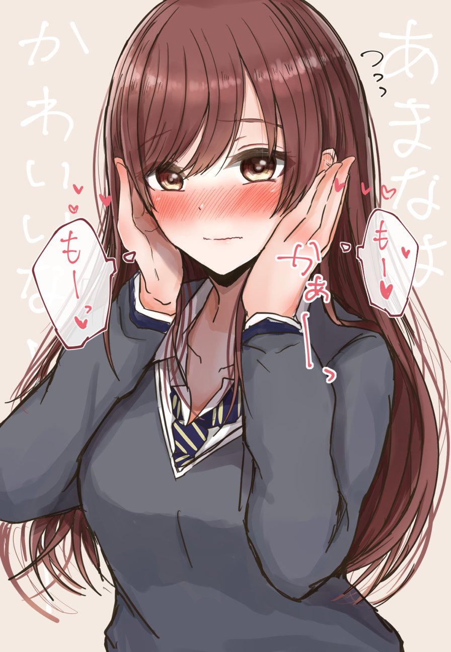 1girl, blush, breasts, brown_hair, collarbone, full-face_blush, hands_on_own_cheeks, hands_on_own_face, highres, idolmaster, idolmaster_shiny_colors, long_hair, loose_necktie, mebunryo_(mebunryo2), medium_breasts, necktie, open_collar, osaki_amana, school_uniform, solo, straight_hair, thought_bubble, translation_request, upper_body, very_long_hair