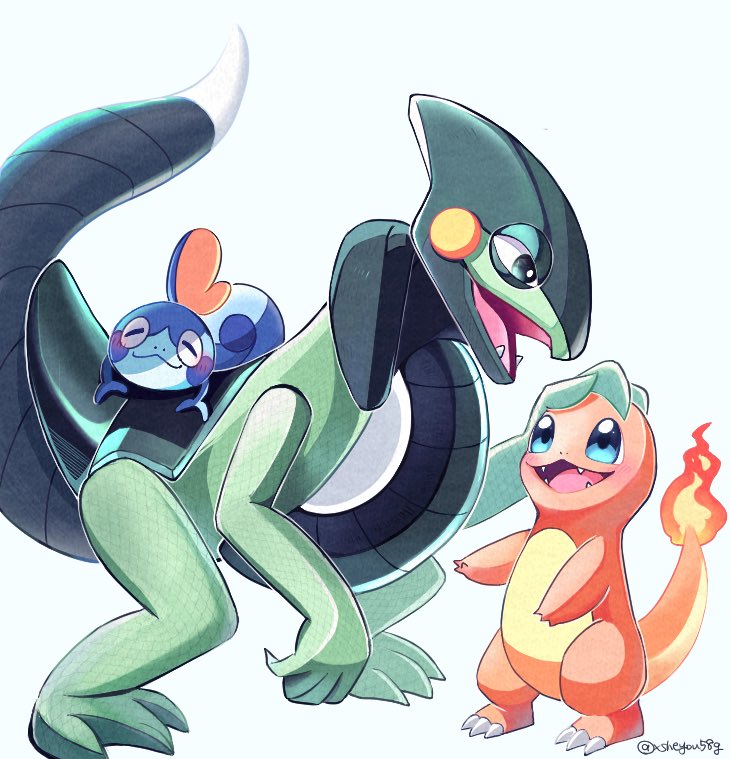 blue_eyes, charmander, closed_eyes, closed_mouth, cyclizar, fangs, half-closed_eyes, headpat, looking_at_another, mochopaccho, no_humans, open_mouth, pokemon, pokemon_(creature), pokemon_on_back, smile, sobble, standing, twitter_username, white_background