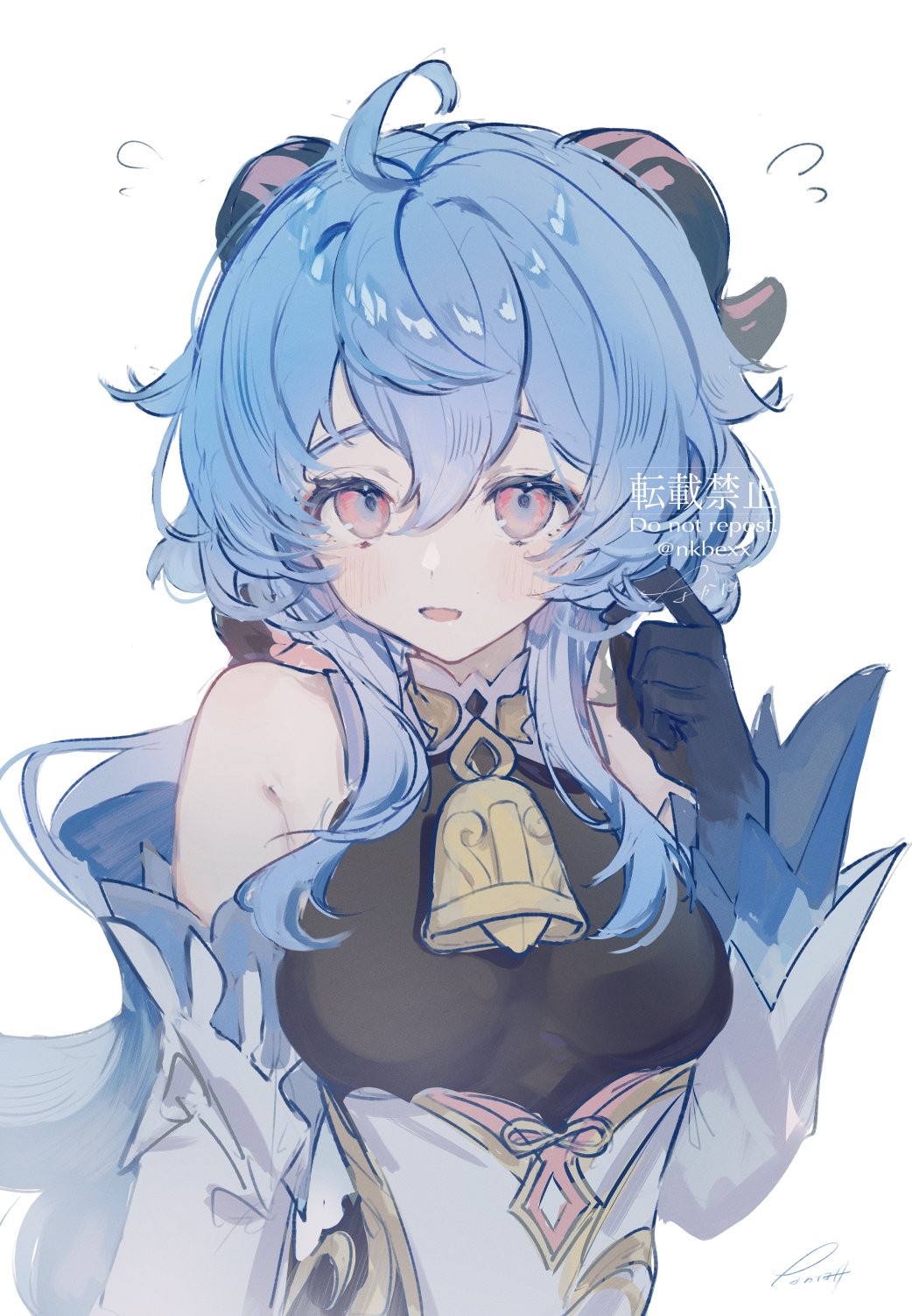 1girl, bell, black_gloves, blue_hair, blush, detached_sleeves, ganyu_(genshin_impact), genshin_impact