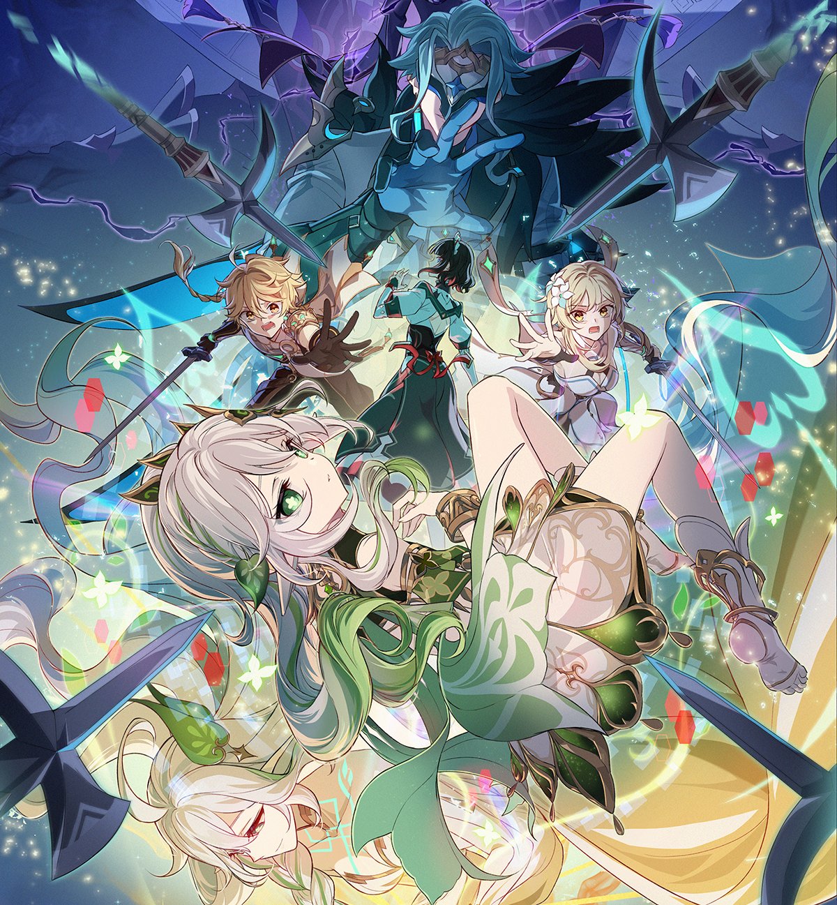 2boys, 4girls, aether_(genshin_impact), blonde_hair, blue_hair, brown_hair, detached_sleeves, dottore_(genshin_impact)