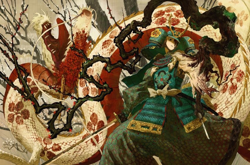 1boy, absurdres, armor, bloodshot_eyes, growing_out_of_body, highres, holding, holding_sword
