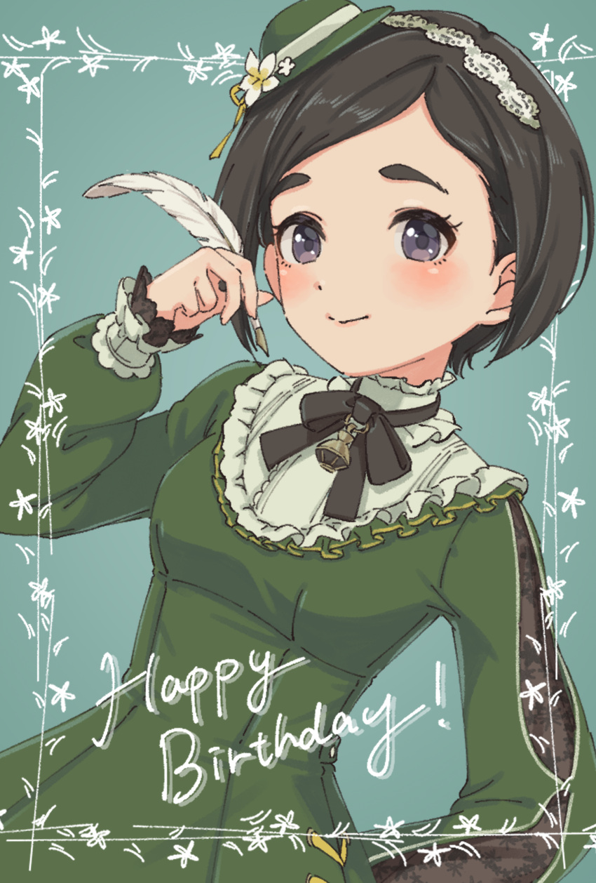 1girl, black_eyes, black_hair, black_ribbon, blush, flower, green_headwear, green_shirt