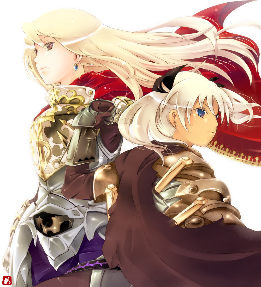 armored_dress, blonde_hair, blue_eyes, brown_eyes, cape, earrings, fist_bump, gauntlets
