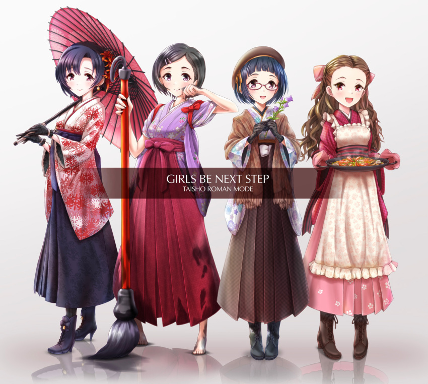 4girls, :d, barefoot, black_footwear, black_gloves, black_hair, blunt_bangs, brown_dress, brown_footwear, brown_hair, dirty, dirty_clothes, dress, floral_print, flower, gloves, hair_flower, hair_ornament, hairclip, hakama, hand_up, haua, high_heels, highres, idolmaster, idolmaster_cinderella_girls, ink_stain, japanese_clothes, kimono, matsuo_chizuru, multiple_girls, oil-paper_umbrella, okazaki_yasuha, oven_mitts, oversized_object, paintbrush, pink_dress, pink_eyes, purple_kimono, red_hakama, seki_hiromi, shiragiku_hotaru, smile, spider_lily, standing, taishou, tasuki, umbrella, violet_eyes