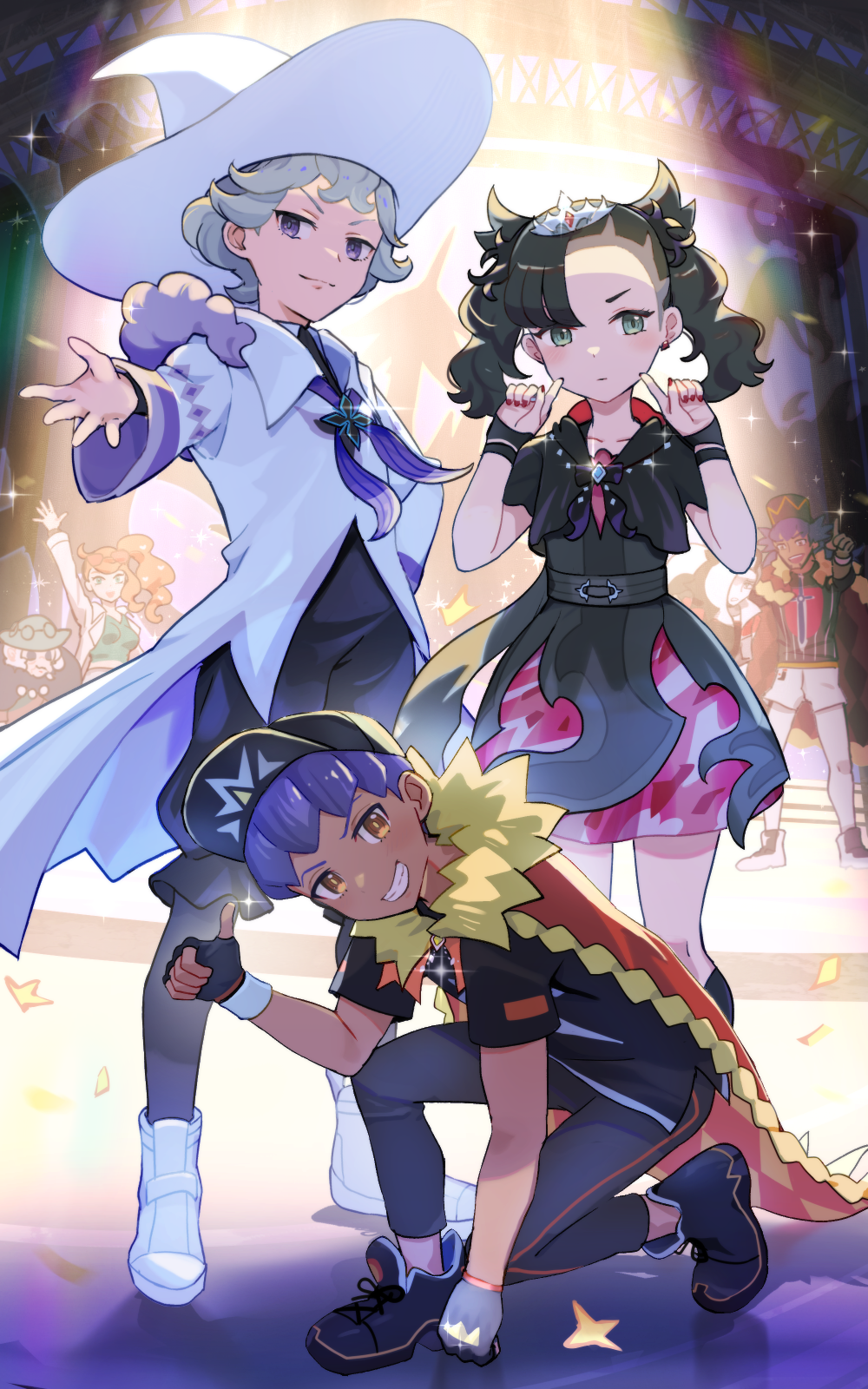 3girls, 4boys, bede_(champion)_(pokemon), bede_(pokemon), black_footwear, black_headwear, black_shirt, blush