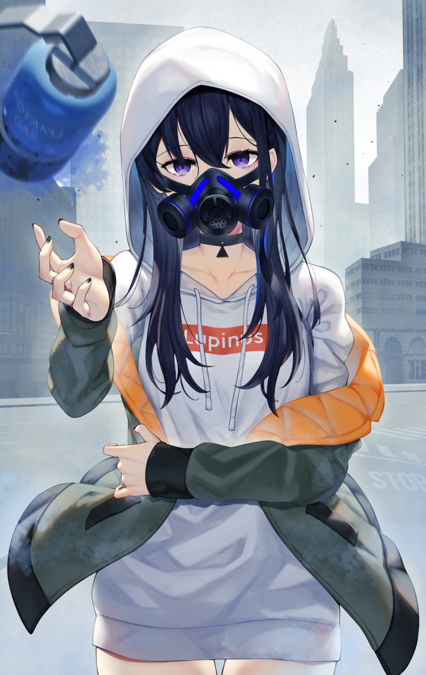1girl, black_choker, black_hair, black_nails, choker, cityscape, clothes_writing, collarbone