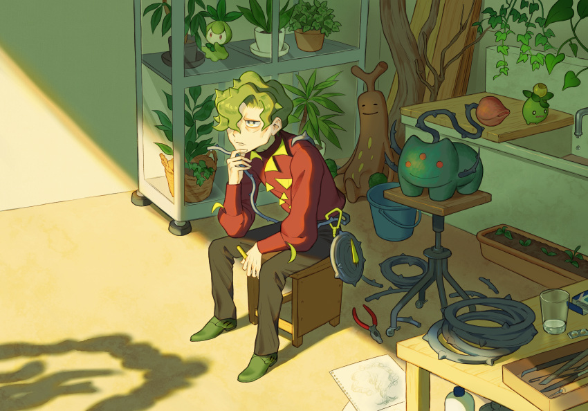 1boy, basket, brassius_(pokemon), closed_mouth, commentary_request, faucet, glass, green_footwear