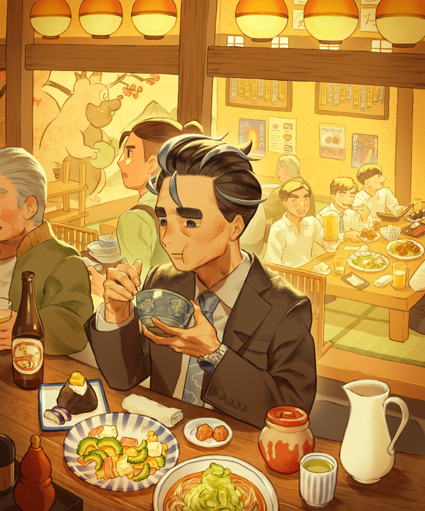 6+boys, :t, bottle, bowl, brown_jacket, character_print, closed_mouth, collared_shirt