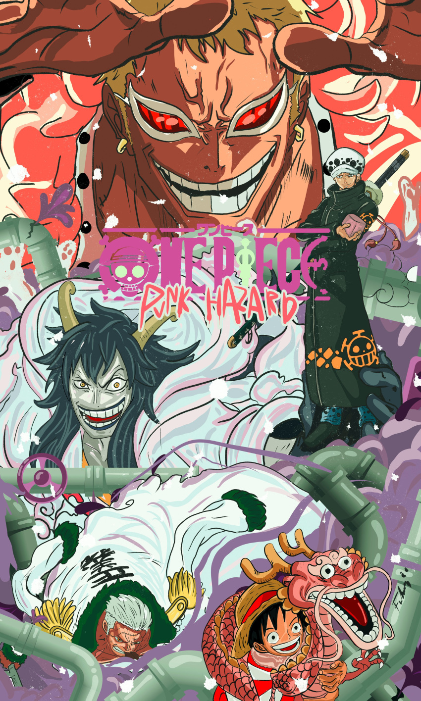 6+boys, absurdres, blonde_hair, caesar_clown, cover, donquixote_doflamingo, dragon, earrings