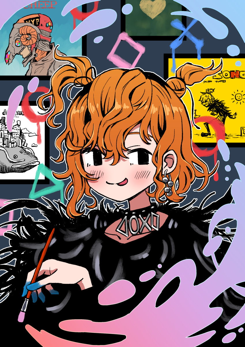 1boy, :p, absurdres, black_eyes, blush, chun_1234567, collar, earrings