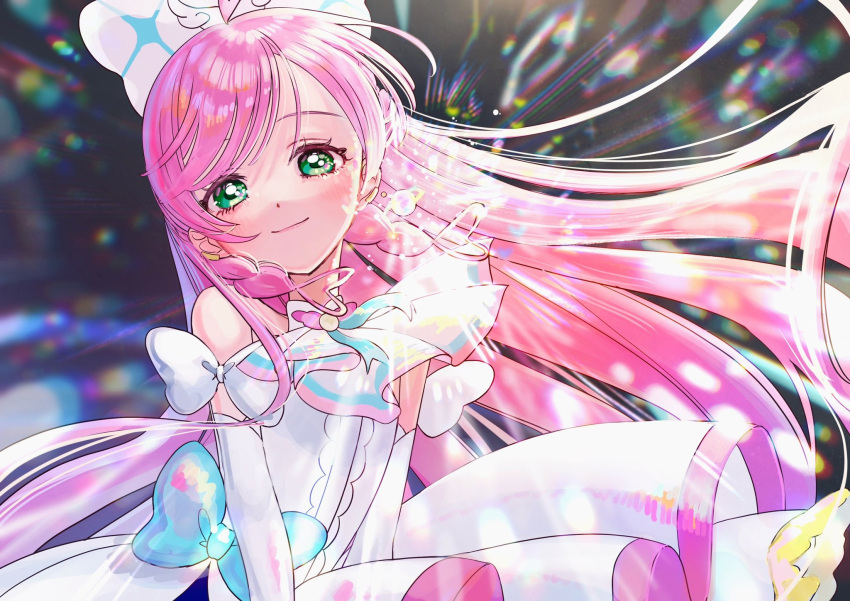 1girl, bare_shoulders, blue_bow, blush, bow, braided_sidelock, closed_mouth, cure_prism