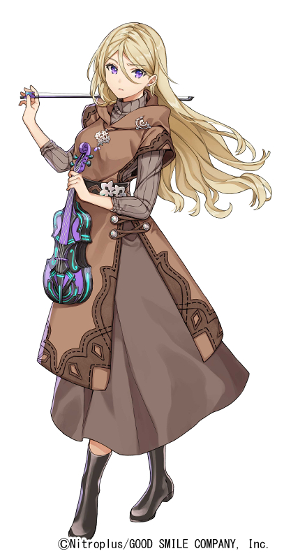 1girl, black_footwear, blonde_hair, boots, bow_(music), brown_dress, copyright, dress, enkiri_dion, full_body, holding, holding_instrument, instrument, long_hair, macco, simple_background, solo, violet_eyes, violin, warau_ars_notoria, white_background