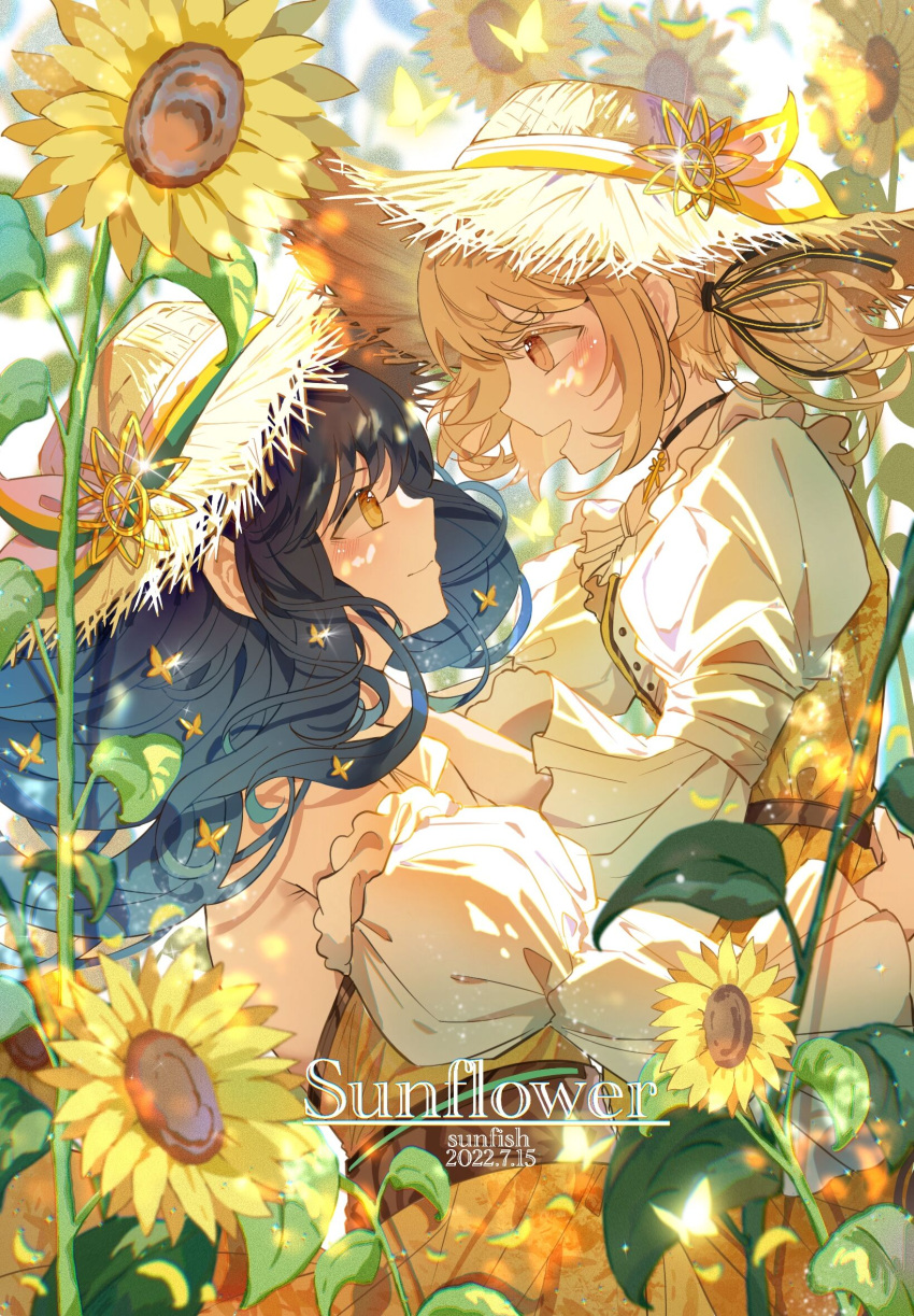 2girls, azusawa_kohane, black_hair, blue_hair, blush, bug, butterfly, buttons