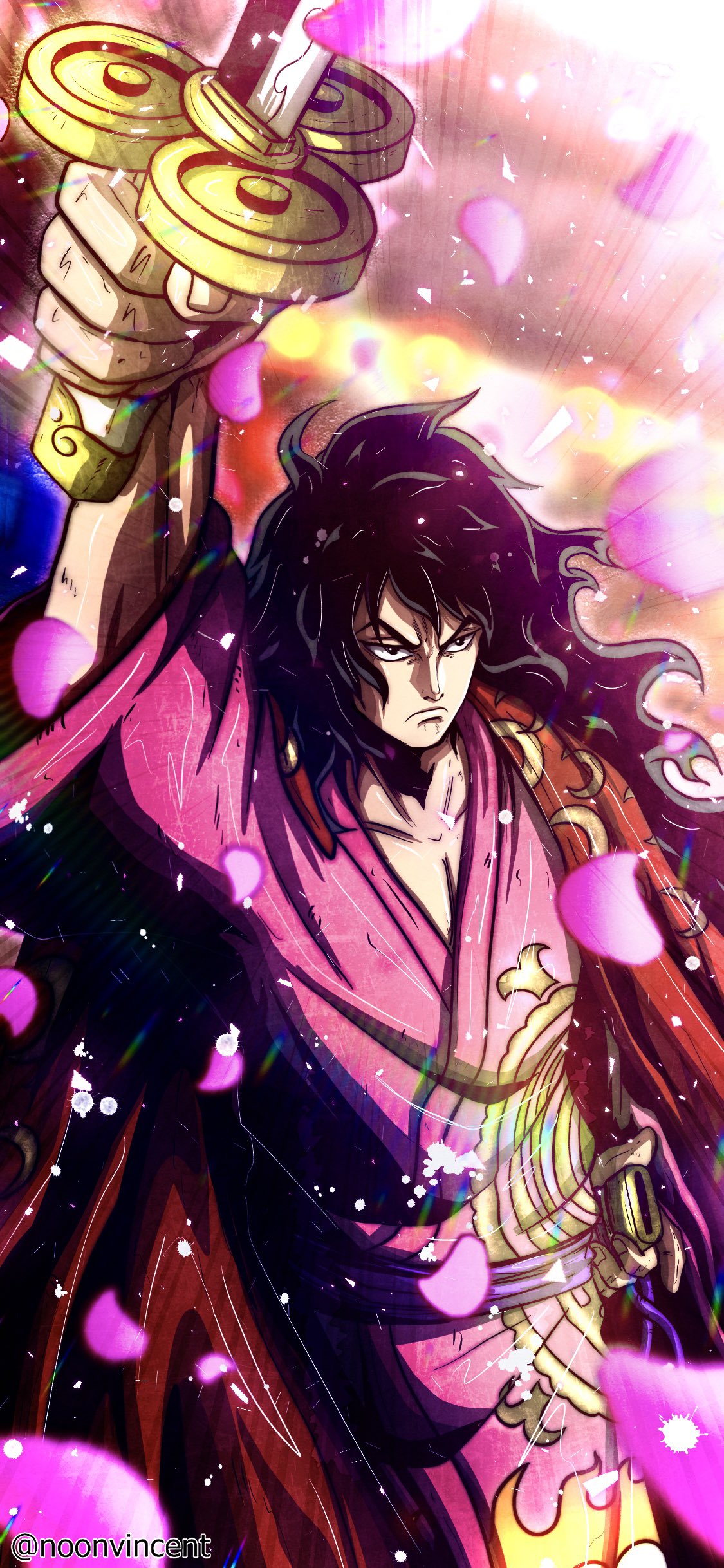 1boy, absurdres, artist_name, black_hair, closed_mouth, highres, holding, holding_sword, holding_weapon, japanese_clothes, long_hair, momonosuke_(one_piece), noonvincent, one_piece, sword, weapon