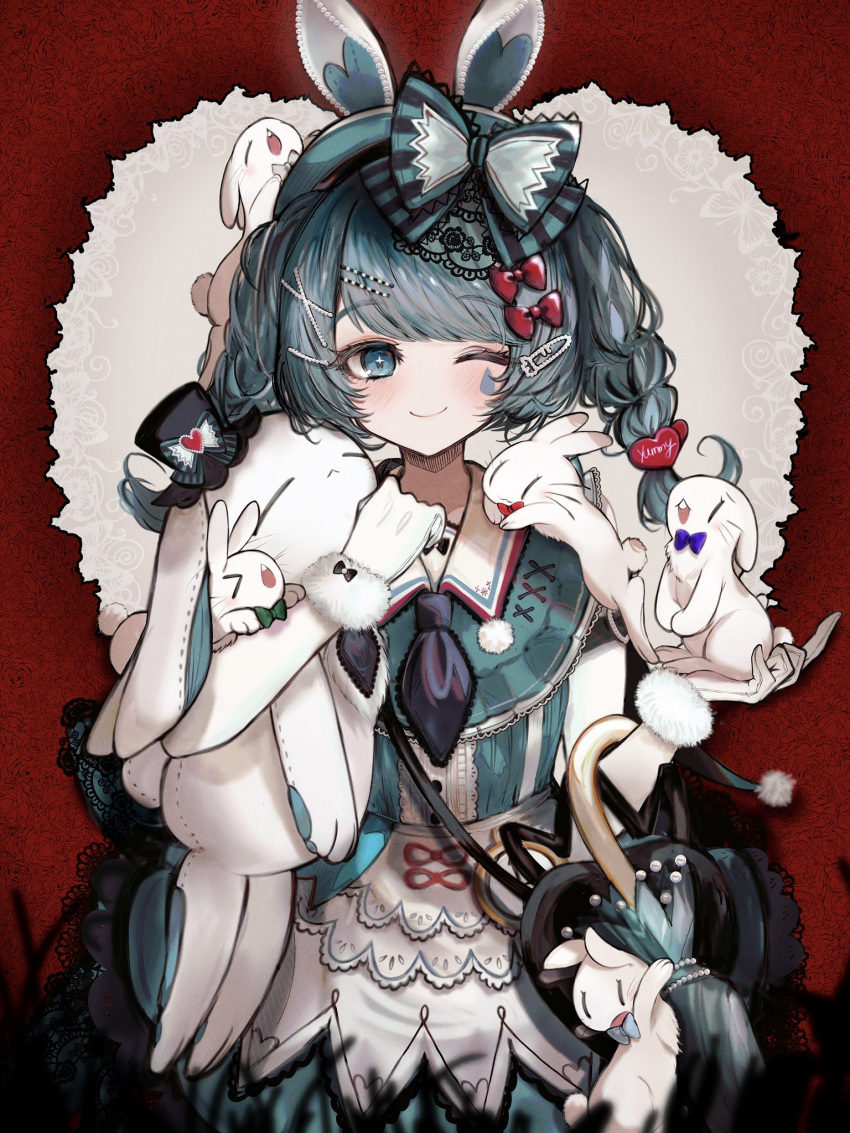 >_<, 1girl, ;), animal, animal_ears, aqua_eyes, aqua_hair, bag