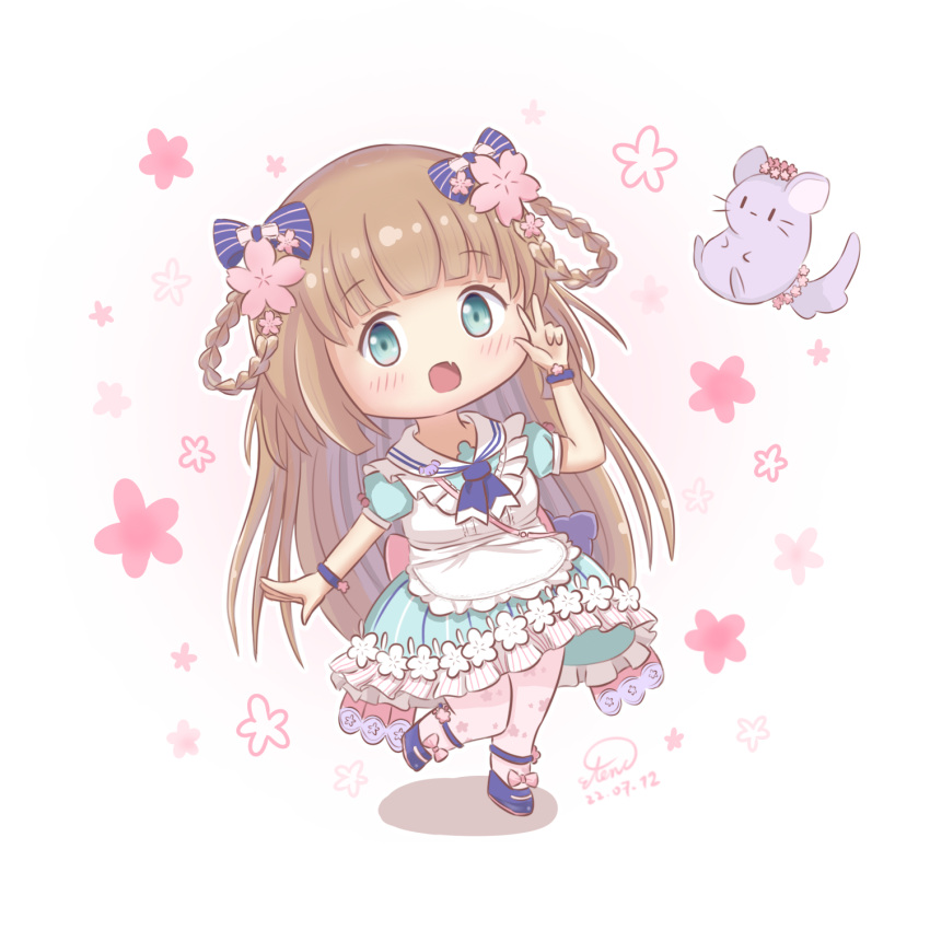 1girl, apron, brown_hair, chibi, etenc, green_eyes, hand_up, happy, highres, loli, lolita_fashion, maid_apron, mochikomame, thigh-highs, victory_pose, virtual_youtuber