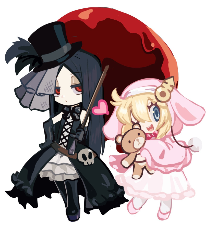 1girl, 1other, alternate_costume, androgyne_symbol, androgynous, bare_shoulders, bbhdrrr, black_hair, blonde_hair, blood, blue_eyes, bridget_(guilty_gear), chibi, dress, frilled_dress, frills, guilty_gear, guilty_gear_strive, habit, hat, highres, holding, holding_umbrella, long_hair, long_sleeves, looking_at_viewer, medium_hair, one_eye_closed, pink_dress, pom_pom_(clothes), red_eyes, roger_(guilty_gear), skull, stuffed_animal, stuffed_toy, teddy_bear, testament_(guilty_gear), top_hat, umbrella
