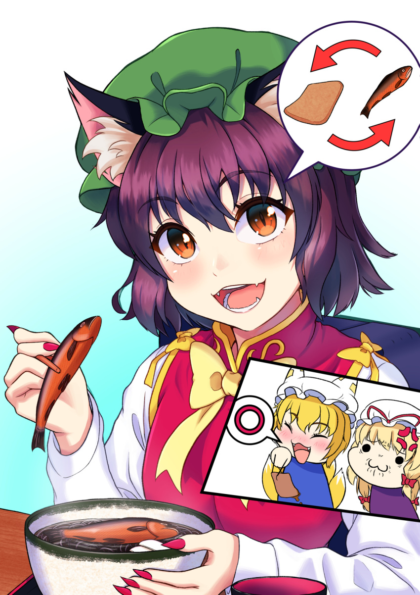 3girls, :d, animal_ear_fluff, animal_ears, bow, bowl, bowtie, breasts
