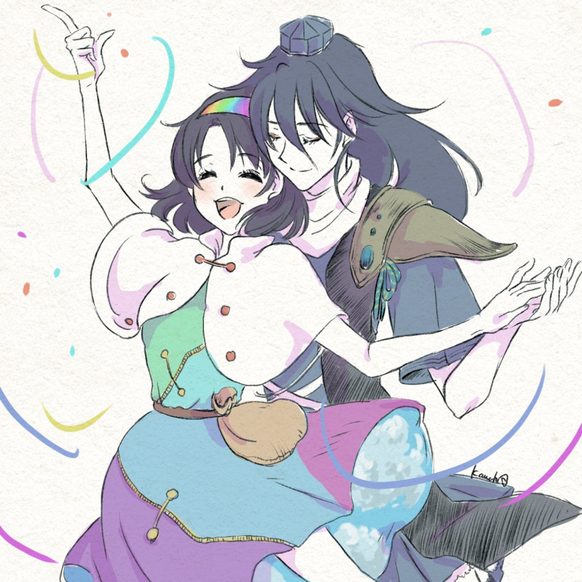 2girls, akiba_kanoko, arm_up, armor, black_hair, blue_hair, closed_eyes, closed_mouth
