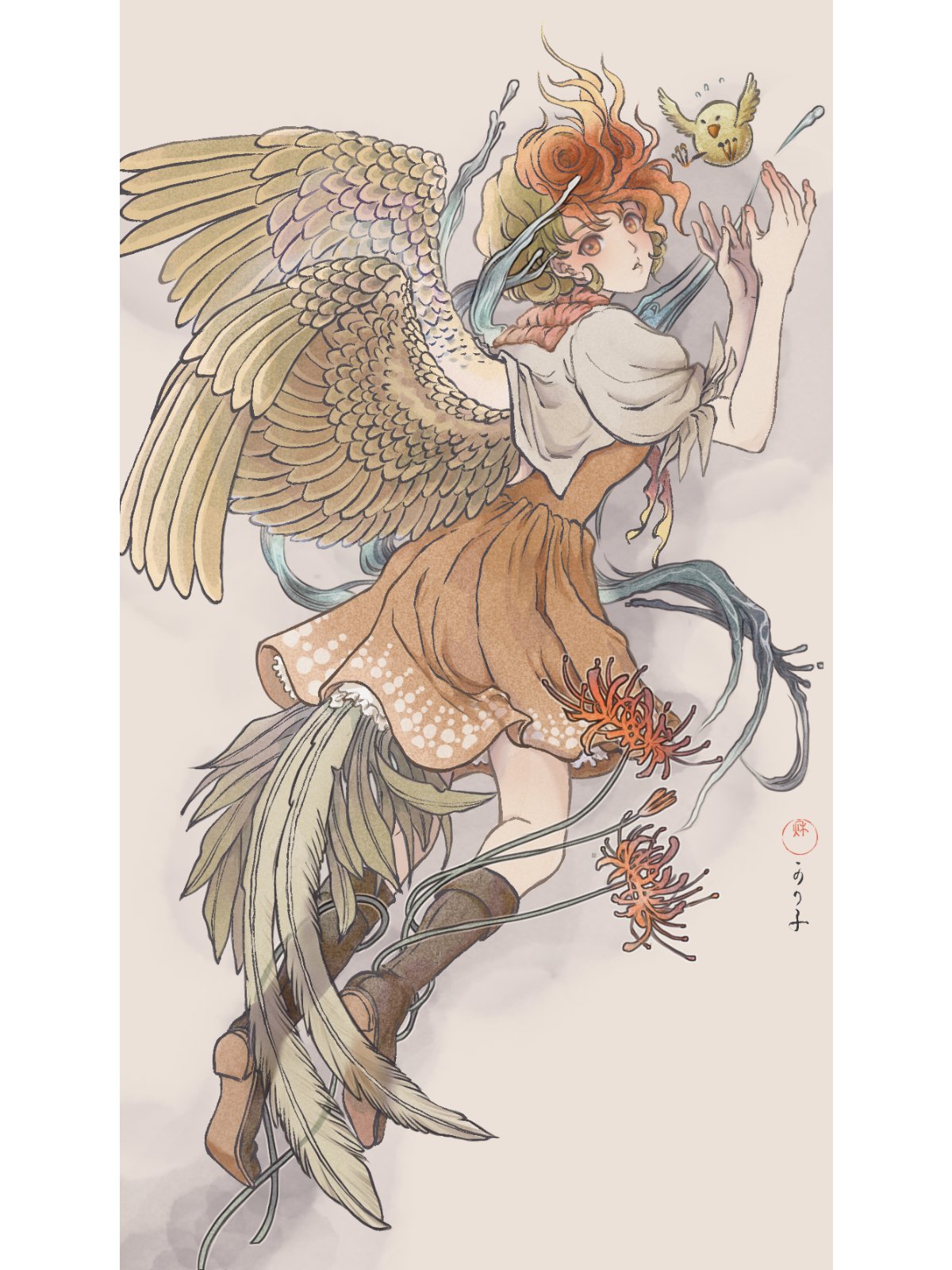 1girl, akiba_kanoko, bird, bird_wings, blonde_hair, boots, brown_footwear, chick