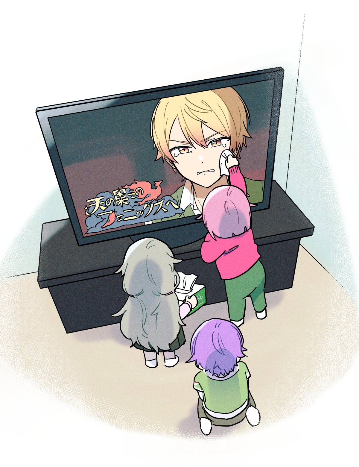 2boys, 2girls, aged_down, blonde_hair, collared_shirt, commentary_request, crying, dada_(1st)
