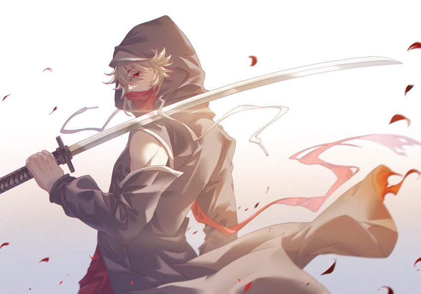 1girl, absurdres, arknights, bare_shoulders, black_coat, coat, detached_sleeves, from_behind, gradient_background, grey_background, hateful_avenger_(arknights), highres, holding, holding_sword, holding_weapon, hood, hood_up, hooded_coat, innoarukugyou, katana, long_sleeves, looking_at_viewer, looking_back, mask, mouth_mask, petals, solo, sword, upper_body, weapon